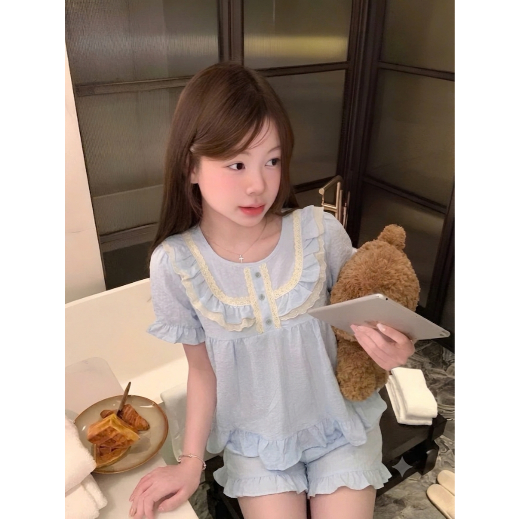 [40-60kg] Bộ Pijama Nữ Kiểu Dáng Hàn Quốc, Đồ Bộ Mặc Nhà Áo Bèo Phối Ren Xinh Xắn, Thoáng Mát CC07