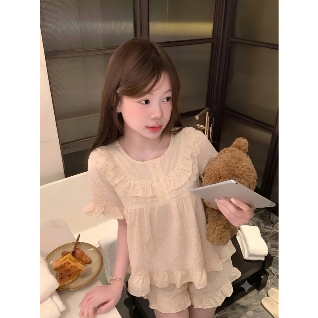 [40-60kg] Bộ Pijama Nữ Kiểu Dáng Hàn Quốc, Đồ Bộ Mặc Nhà Áo Bèo Phối Ren Xinh Xắn, Thoáng Mát CC07
