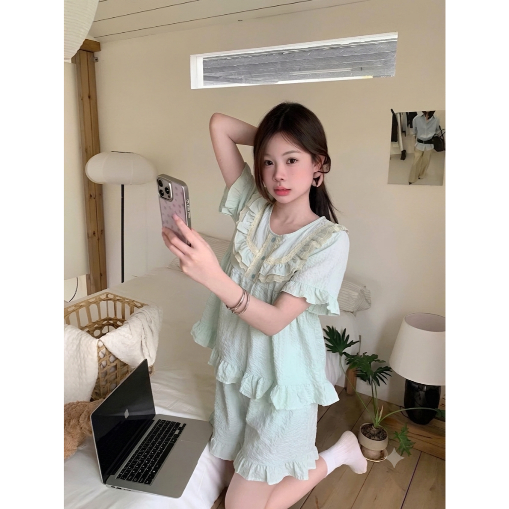 [40-60kg] Bộ Pijama Nữ Kiểu Dáng Hàn Quốc, Đồ Bộ Mặc Nhà Áo Bèo Phối Ren Xinh Xắn, Thoáng Mát CC07