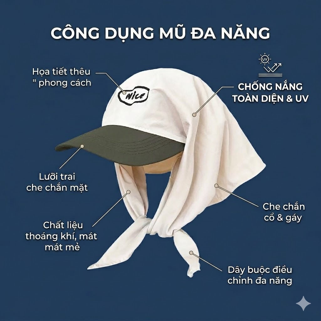 Mũ Lưỡi Trai Kèm Khăn Trùm Đầu Buộc Dây Phong Cách, Nón Chống Nắng Phối Màu Cá Tính Hot Trend.