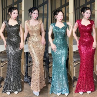 Đầm váy dạ hội đuôi cá trung niên kim sa chuỗi vai ko xẻ tà tko