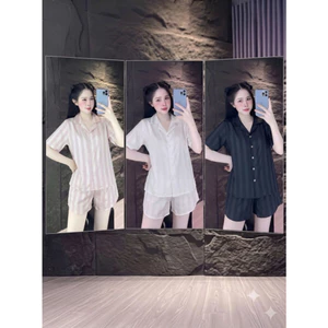 Đồ Bộ Nữ Mặc Nhà Pijama Lụa Latin Sọc Tay Ngắn Quần Ngắn Mềm Mại Bền Màu Thoáng Mát CC01