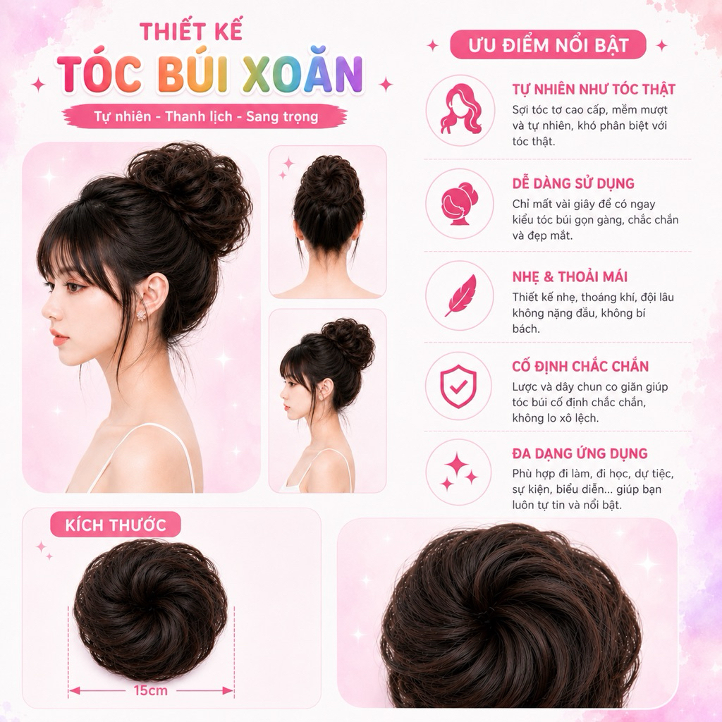 Búi Tóc Giả Xoăn Cao Cấp Cho Nữ – Búi Tóc Cột Xoăn Phồng Tự Nhiên, Tóc Giả Búi Dày Dặn Dễ Dùng Không Lộ, Đi Tiệc Đi Làm