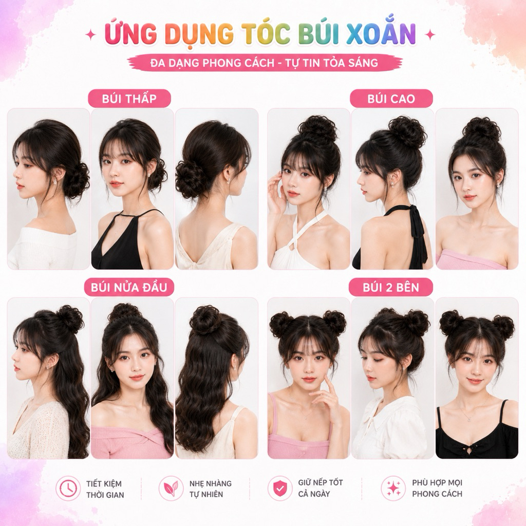 Búi Tóc Giả Xoăn Cao Cấp Cho Nữ – Búi Tóc Cột Xoăn Phồng Tự Nhiên, Tóc Giả Búi Dày Dặn Dễ Dùng Không Lộ, Đi Tiệc Đi Làm