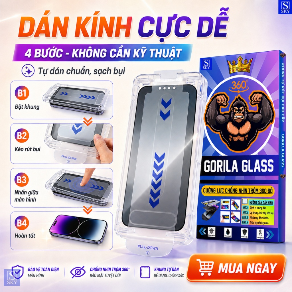 Kính Cường Lực iphone Chống Nhìn Trộm 360 Độ Tự dán rút bụi GORILA GLASS cho ip 17 ProMax 16 15 14 13 12 11 Xs Max