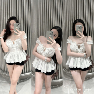 Áo ren cộc tay trễ vai dáng ngắn xinh lắm luôn