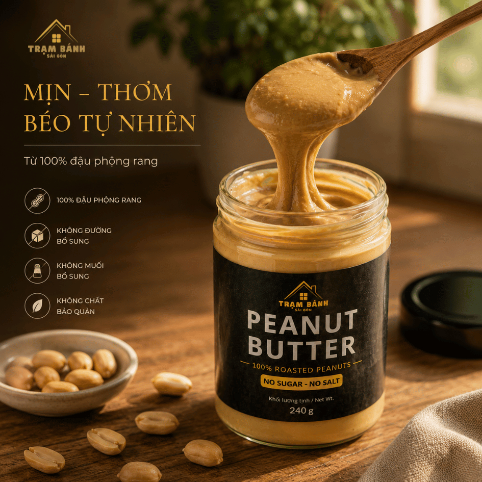 Bơ Đậu Phộng 100% Rang Xay | Không Đường Không Muối | Giàu Protein | Hũ 240g