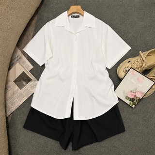 Áo sơ mi Nhỏ Clothing Big size nữ thêm quần đùi phom rộng xinh  có nút eo kèắn phong cách ulzzang mặc xinh xắn SET40