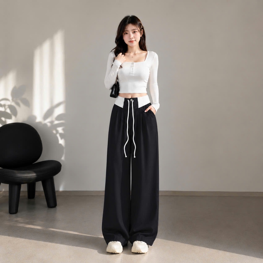 Quần Dài Bigsize Nữ Có Dây Phối Lưng,Quần Ống Suông Lưng Cao Chất Cotton Mềm Mịn Mặc Mát QPHOI