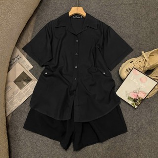 Áo sơ mi Nhỏ Clothing Big size nữ thêm quần đùi phom rộng xinh  có nút eo kèắn phong cách ulzzang mặc xinh xắn SET40