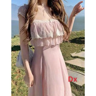 Đầm thời trang nữ diện đi biển chất cotton hàn cao cấp thiết kế tay ngắn cổ vuông viền ren xếp ly váy maxi xòe tôn dáng