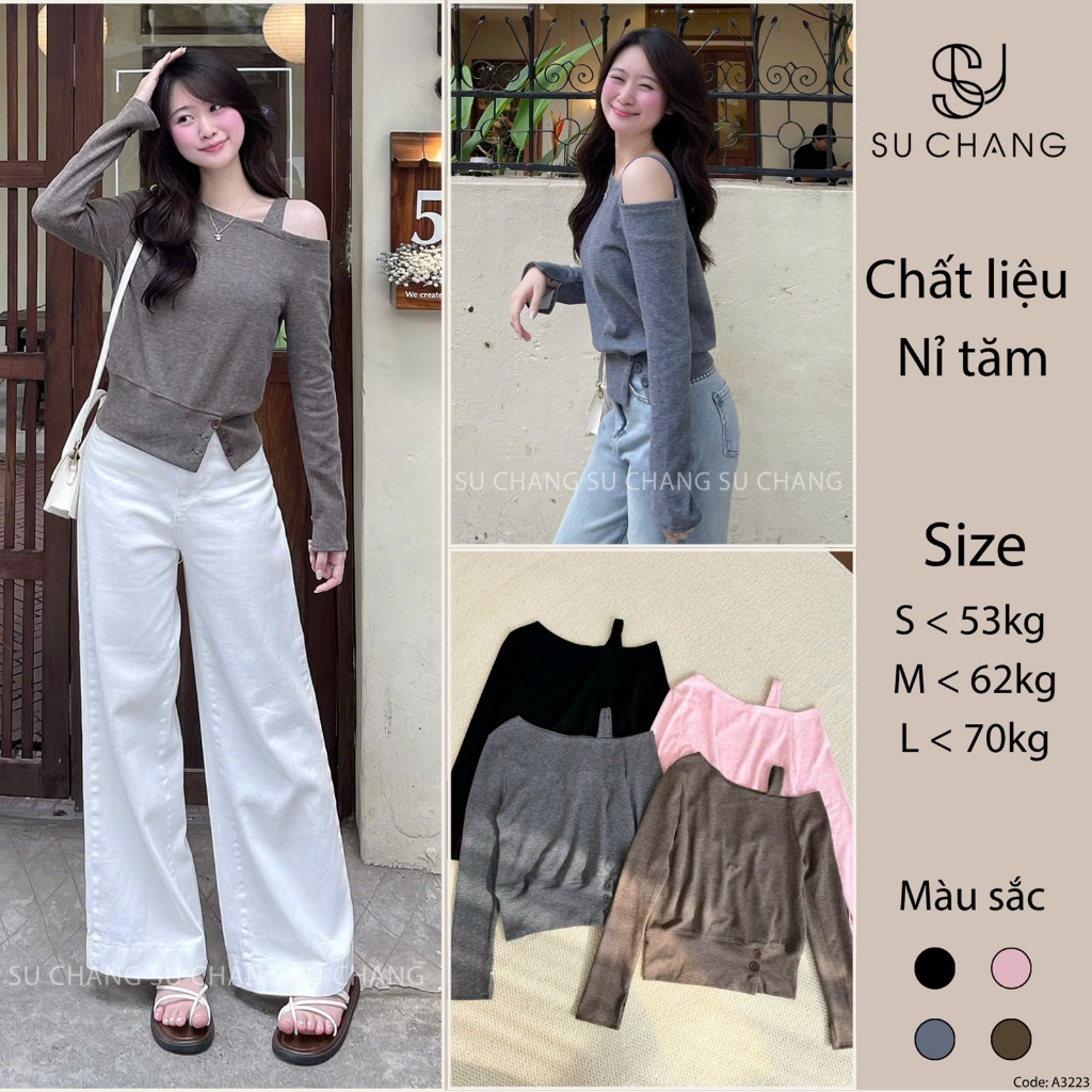 Áo Nỉ Tăm Dài Tay Lệch Vai Bo Viền Xẻ Cúc Hàn Quốc A3223 Su Chang Thời Trang Nữ Bigsize