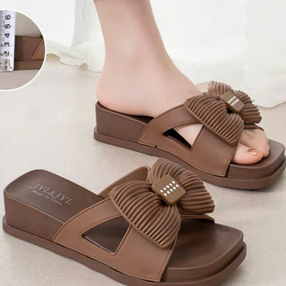 Dép Nữ Quai Ngang Phối Nơ Đính Đá Đế Xuồng 5cm Tôn Dáng Hack Chiều Cao, Dép Bánh Mì Thời Trang Hot Trend Đi Chơi Đi Biển