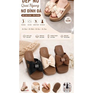 Dép Nữ Quai Ngang Phối Nơ Đính Đá Đế Xuồng 5cm Tôn Dáng Hack Chiều Cao, Dép Bánh Mì Thời Trang Hot Trend Đi Chơi Đi Biển