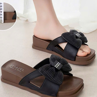 Dép Nữ Quai Ngang Phối Nơ Đính Đá Đế Xuồng 5cm Tôn Dáng Hack Chiều Cao, Dép Bánh Mì Thời Trang Hot Trend Đi Chơi Đi Biển