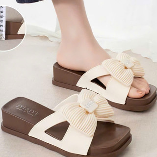 Dép Nữ Quai Ngang Phối Nơ Đính Đá Đế Xuồng 5cm Tôn Dáng Hack Chiều Cao, Dép Bánh Mì Thời Trang Hot Trend Đi Chơi Đi Biển