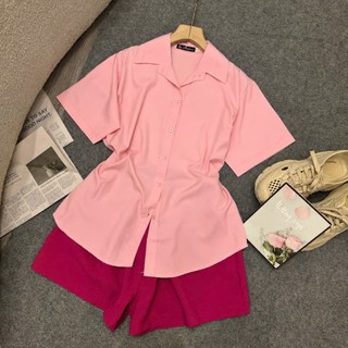 Áo sơ mi Nhỏ Clothing Big size nữ thêm quần đùi phom rộng xinh  có nút eo kèắn phong cách ulzzang mặc xinh xắn SET40