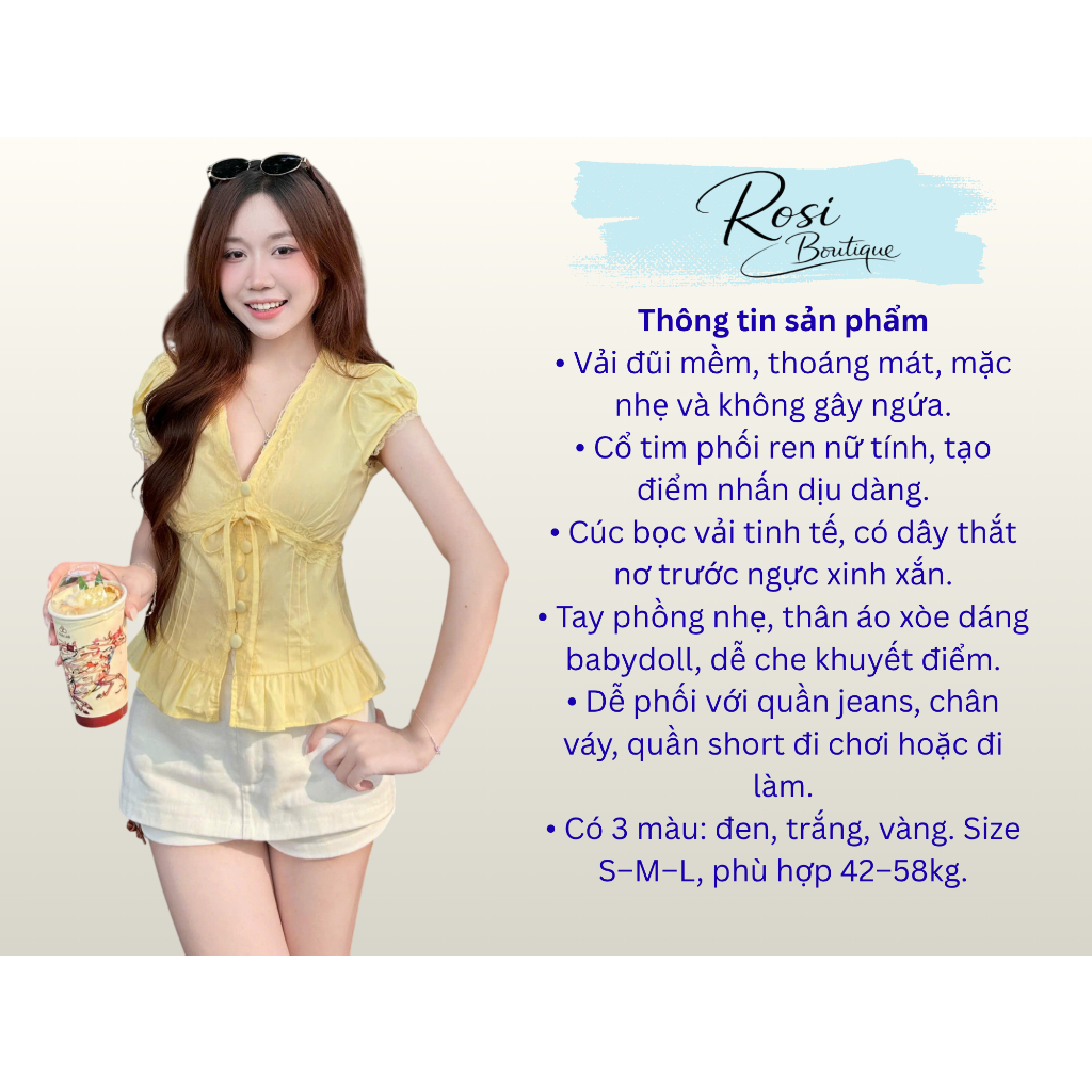 B09-Áo Sơ Mi Đũi Cổ Tim Phối Ren Có Dây Thắt  Nơ Dáng Babydoll, Áo Sơ Mi Nữ Kiểu Xinh Style Hàn Quốc