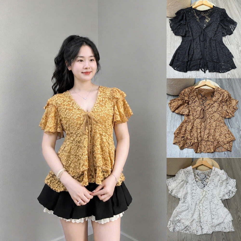 Áo Kiểu Ren Bigsize Nữ Cổ V Tay Bèo Dáng Xòe Che Bụng Thời Trang 58-92kg A353