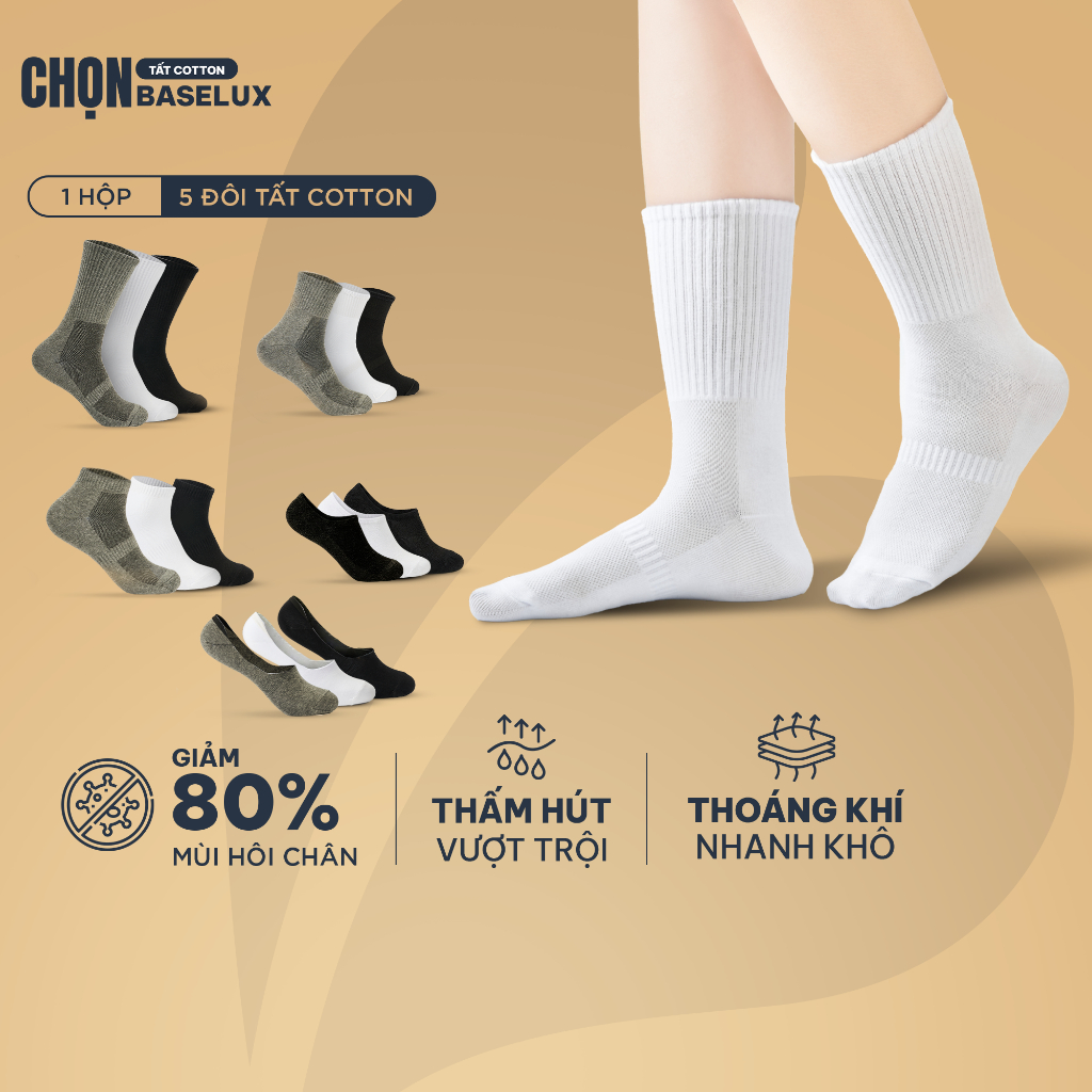 Tất trắng cổ cao BaseLux tất nam cổ trung chất cotton kháng khuẩn khử mùi hôi, vớ trắng dáng trơn phong cách hiện đại