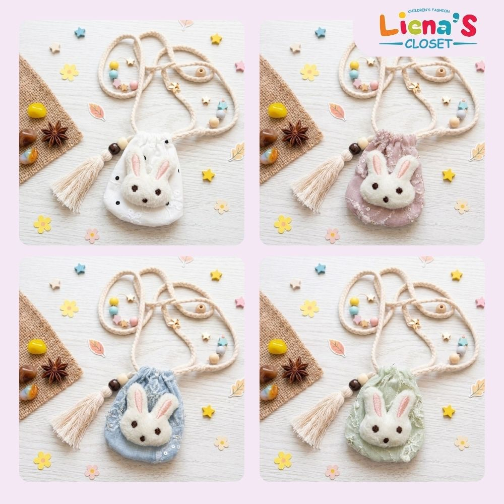 Túi Tỏi Đeo Cổ Hình Thỏ Cho Bé Handmade Vải Tơ Thêu Kết Hợp Vải Thô Chấm Bi Hoa Nổi Kèm Tua Rua Dễ Thương