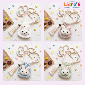 Túi Tỏi Đeo Cổ Hình Thỏ Cho Bé Handmade Vải Tơ Thêu Kết Hợp Vải Thô Chấm Bi Hoa Nổi Kèm Tua Rua Dễ Thương