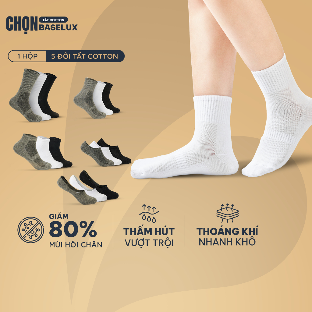 Vớ nam cổ trung BaseLux vớ cổ cao dày dặn co giãn bốn chiều, Vớ cotton kháng khuẩn khử mùi hôi, tất trắng cao cổ basic