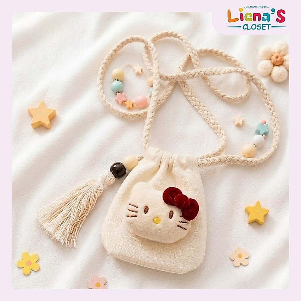 Túi Tỏi Đeo Cổ Hình Hello Kitty Cho Bé Vải Nỉ 2 Lớp Kèm Tua Rua Phong Cách Hàn Quốc Túi Đựng Tỏi Mini Dễ Thương