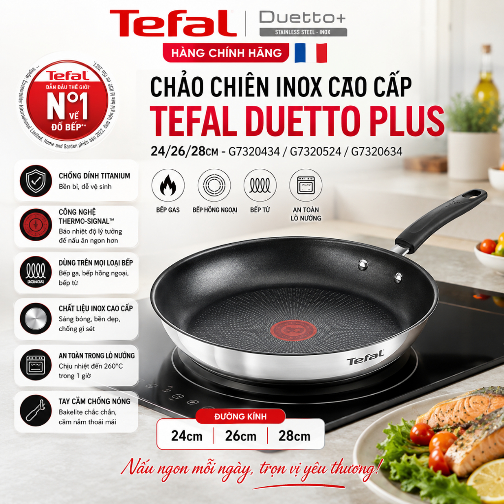 Chảo Chiên Inox Chống Dính Tefal Duetto Plus 24/26/28cm Dùng Bếp Từ Titanium Chính Hãng