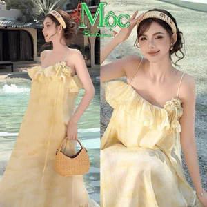 Đầm váy dài, Đầm thiết kế chất Von in 3D hoa vàng kèm bông maxi xoè form suông rộng xinh xắn