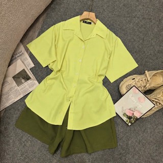 Áo sơ mi Nhỏ Clothing Big size nữ thêm quần đùi phom rộng xinh  có nút eo kèắn phong cách ulzzang mặc xinh xắn SET40