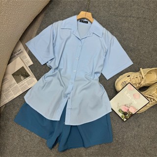 Áo sơ mi Nhỏ Clothing Big size nữ thêm quần đùi phom rộng xinh  có nút eo kèắn phong cách ulzzang mặc xinh xắn SET40