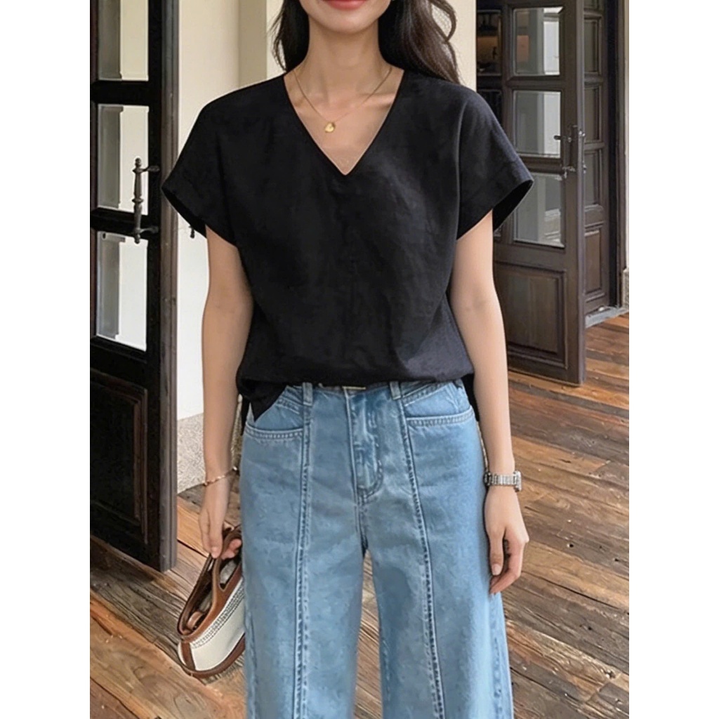 𝗚𝘂𝗺𝗶 𝗟𝗶𝗻𝗲𝗻  A04  - Áo Linen cổ V basic