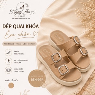 Dép Sandal Nữ 2 Quai Khóa Kim Loại Đế Bánh Mì, Dép Quai Ngang Nhựa Siêu Nhẹ Hack Dáng, Dép Đi Chơi Đi Biển Thời Trang