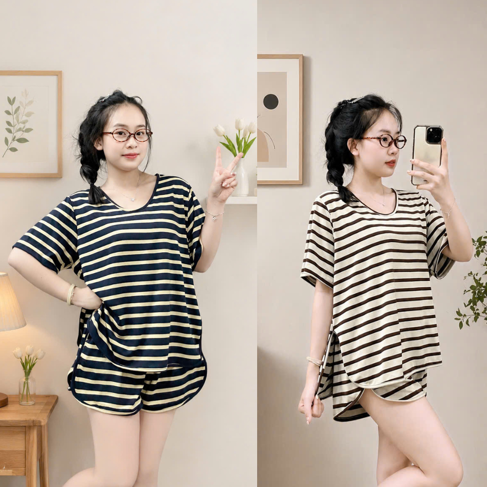 Sét Bộ Bigsize Nữ Form Rộng, Áo Thun Cổ Tròn Phối Quần Short Mặc Thoải Mái 55-95kg SET880 Q587
