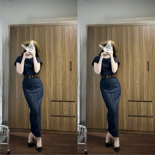 Đầm jean maxi sát nách cổ tròn thắt eo dang suông trơn màu xanh