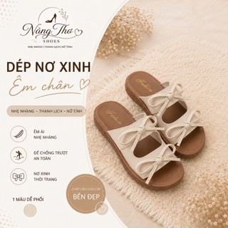 Dép Nữ Đế Xuồng Đính Nơ Bánh Bèo, Dép Lê Nữ Quai Ngang Đi Chơi Sang Chảnh - 3 Màu Kem, Đen, Nâu Siêu Hot Trenl 2026