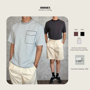 Áo Thun Nam Kẻ Sọc Cotton Form Rộng Phối Túi Giả Thanh Lịch Phong Cách Mùa Hè Stripped Tee MODMEN