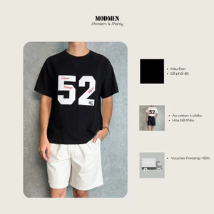 Áo Thun Nam Màu Đen Cotton Form Oversize Họa Tiết Thêu Nổi Phong Cách Hàn Quốc Fifty-Two Tee MODMEN