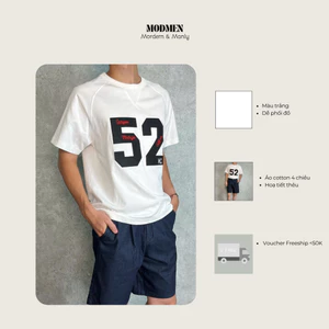 Áo Thun Nam Cotton Màu Trắng Form Oversize Họa Tiết Thêu Nổi Phong Cách Hàn Quốc Fifty-Two Tee MODMEN