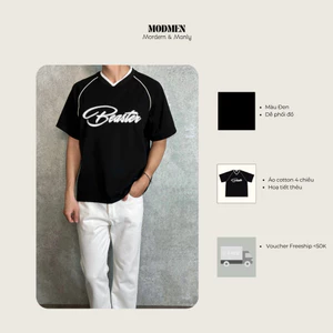 Áo Thun Nam Màu Đen Cotton 4 Chiều Form Rộng Cổ V Phối Viền Thêu Nổi Beaster Tee Phong Cách Đường Phố MODMEN