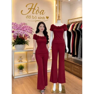 TH68 - SÉT ĐỒ BỘ THUN TĂM LẠNH, QUẦN DÀI ỐNG LOE, PHỐI HOA XINH XẮN