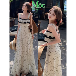 Đầm váy dài, Đầm thiết kế chấm bi 2 dây bản to chất Cotton Hàn phối Ren bèo ngực dáng dài xòe (DX)