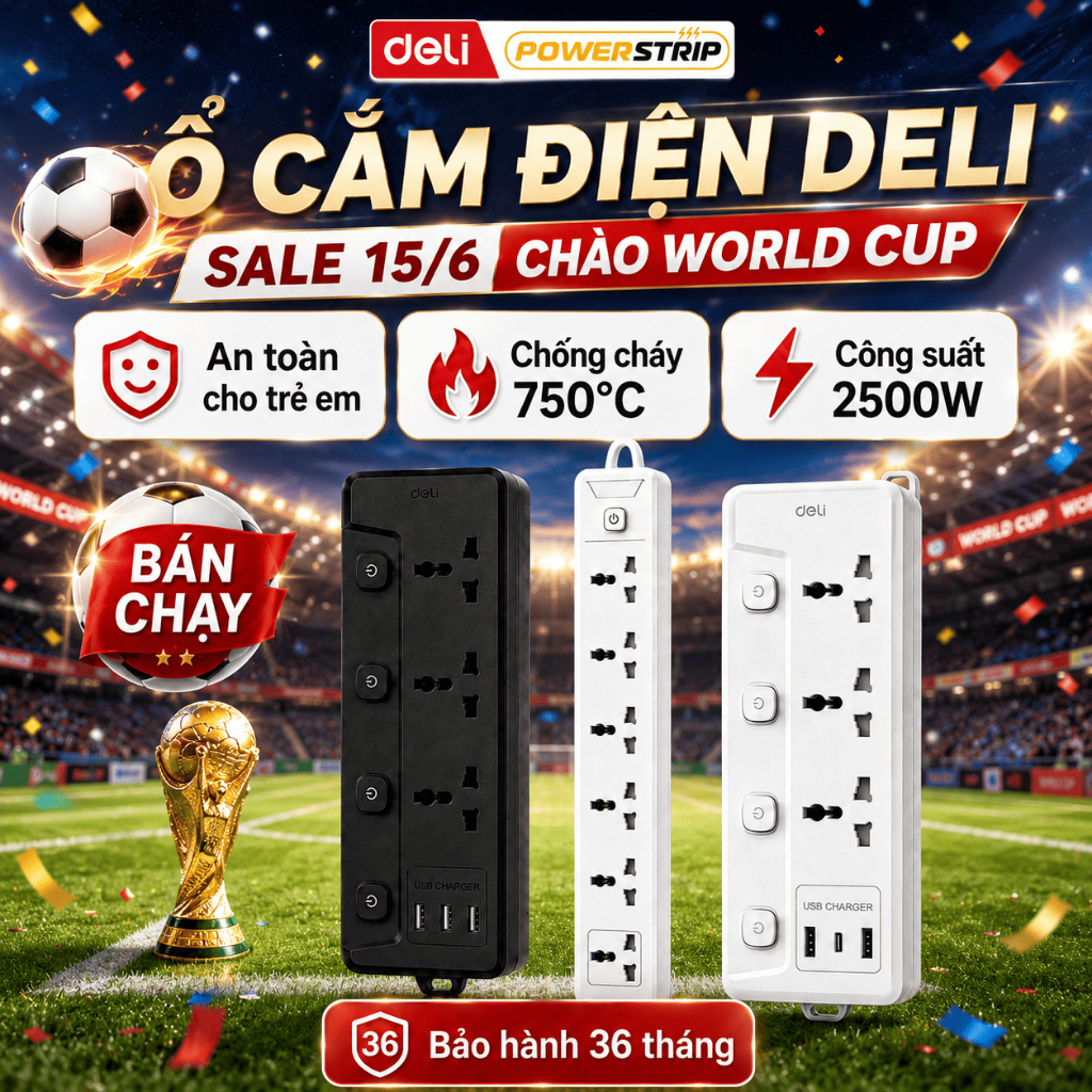 Ổ Cắm Điện Deli Mới 2026, Ổ Cắm Điện Đa Năng Nhiễu Lỗ Cắm Kết Hợp Cổng USB/ TypeC Sạc Nhanh Màu Đen
