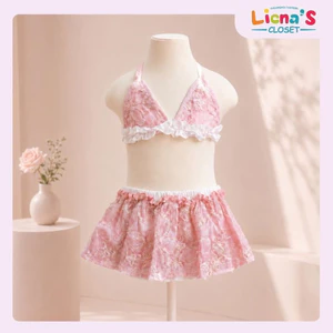 Đồ Bơi Bé Gái 2 Mảnh Bikini Màu Hồng Hoa Thêu Nổi Sang Chảnh Cho Bé Đi Biển Đi Bơi Mùa Hè