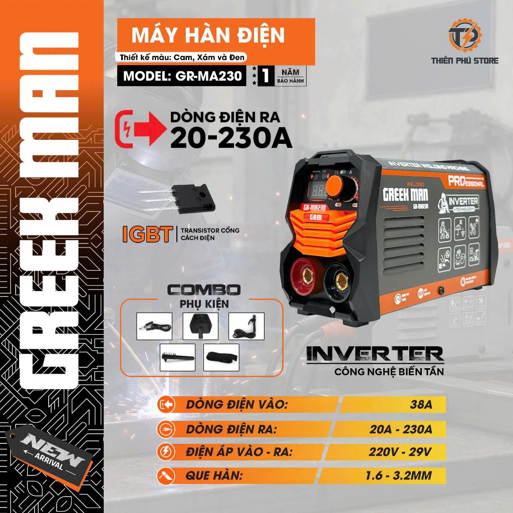 Máy Hàn Điện Tử Mini GREEKMAN GR-MA230 | Dòng Ra 230A, Hàn Que 1.6-3.2mm, Nhỏ Gọn , Bảo hành 12 tháng [CHÍNH HÃNG]