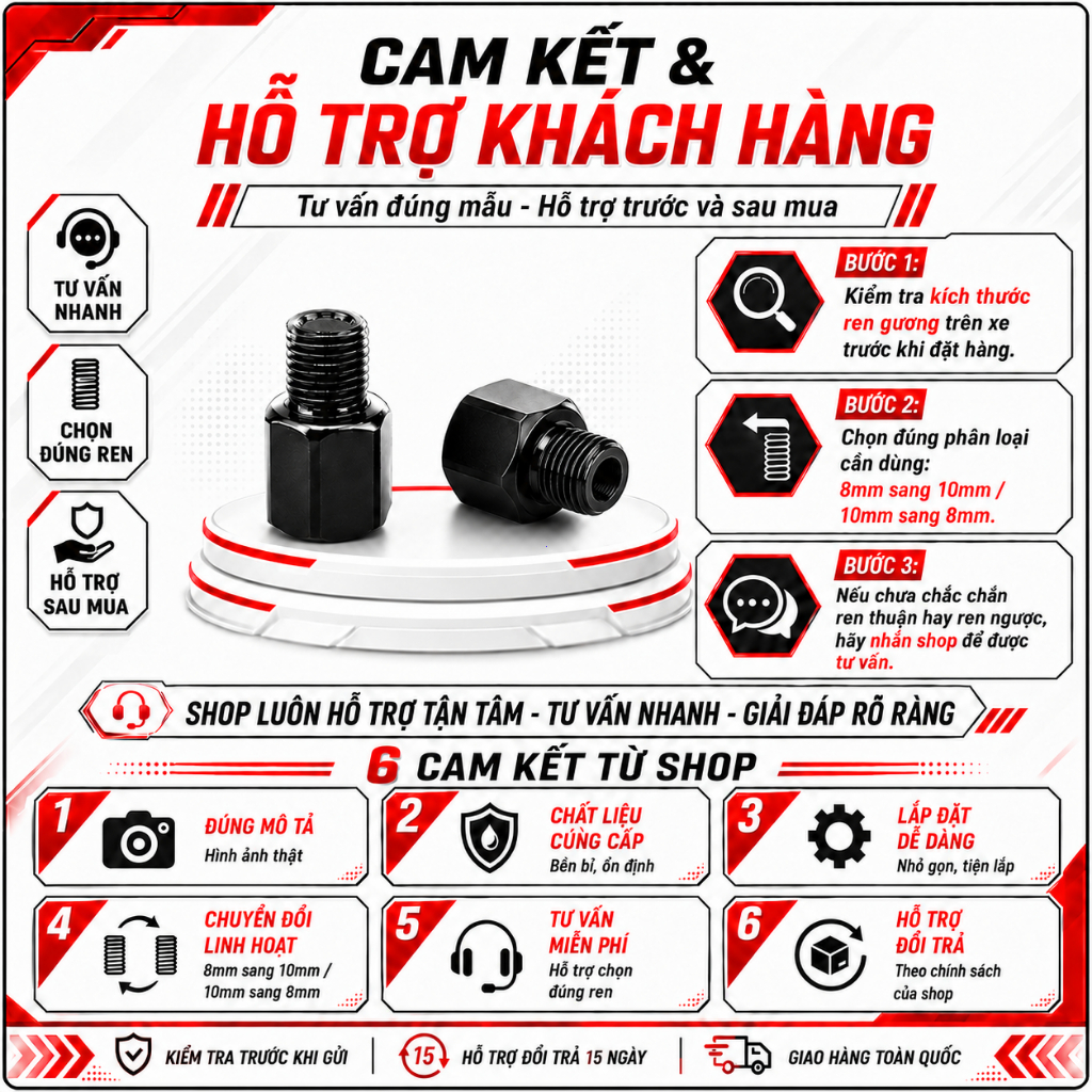 Phụ Kiện Gắn Gương Chiếu Hậu Xe Máy, Ốc Chuyển Ren Chân Gương Màu Đen, Có Bán Lẻ