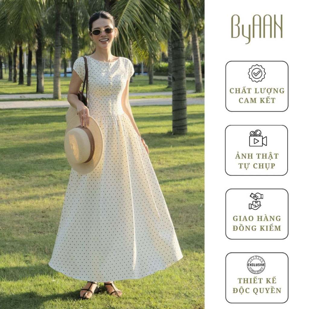 Váy Thô Chéo Cổ Thuyền Phối Cúc Bọc - Váy Du Lịch, Đi Biển, Đi Làm Thanh Lịch - ByAAN A084