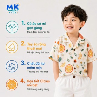 Set Bộ Bé Trai Citrus MK Kids Áo Sơ Mi Họa Tiết Nổi Bật Đi Biển Mùa Hè Chất Đũi Tơ Thoáng Mát 2-10 Tuổi