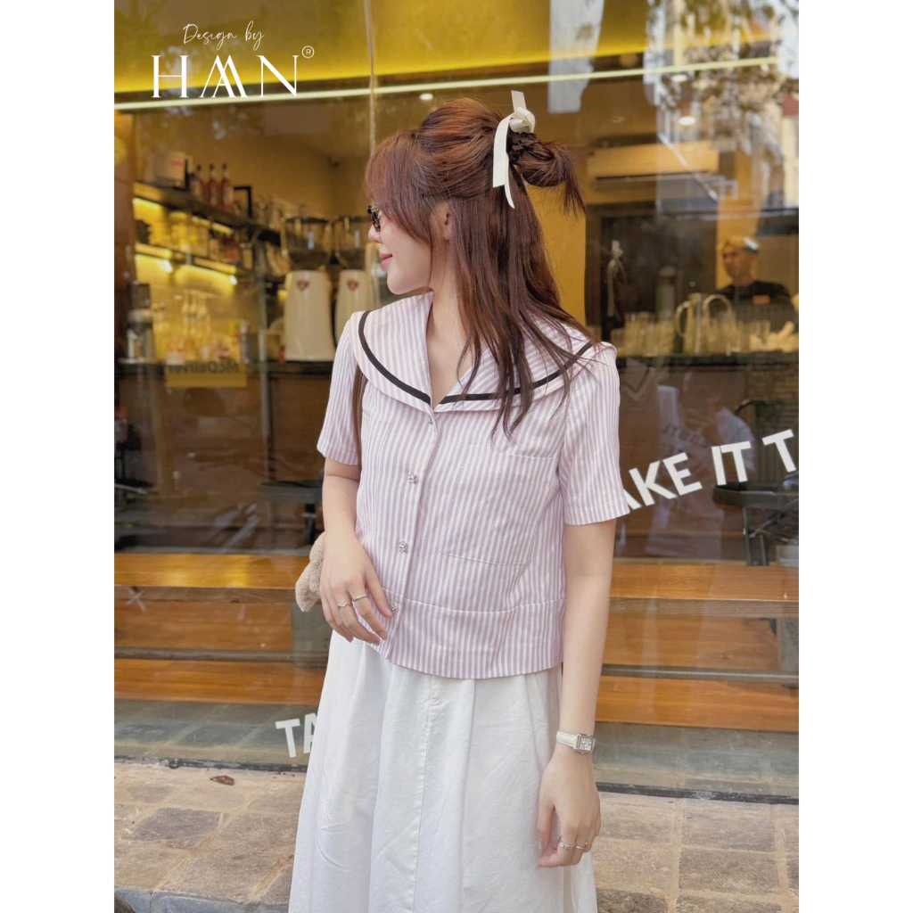Áo Sơ Mi Nữ Kẻ Hồng Cộc Tay Cổ Thủy Thủ Dáng Ngắn Chất Thô Mềm Kiểu Hàn Quốc - SM70